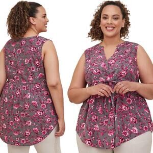 Torrid Emma Babydoll Rayon Slub Tie Waist Sleeveless Tunic Top Floral Grey Sz 10